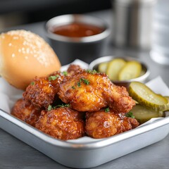 Crispy BBQ chicken wings, bun, pickles, sauce, restaurant