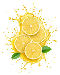 Fresh lemon slices with splashes of juice and green leaves