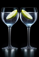 Two simple glasses of sparkling water with lime slices, set against a dark background. Refreshing drink and minimalistic concept.