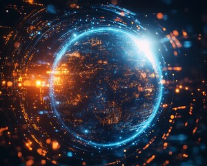 A glowing digital sphere with surrounding interconnected data streams