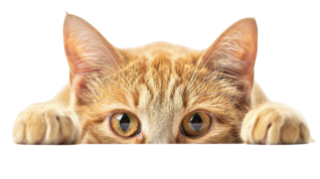 Ginger cat peeking over blank surface with transparent background