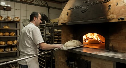 Baker Placing Bread Dough Into a Wood Fired Brick Oven