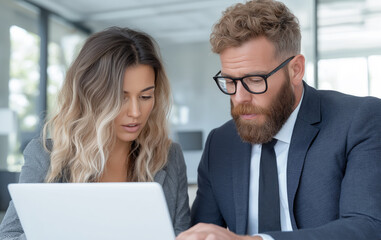 Obraz premium Businessman and businesswoman at a laptop in a modern office. Confidence, success and productivity at work. Business communications, strategy discussion and cooperation in a corporate environment.