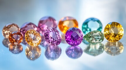 A stunning variety of multicolored gemstones, including amethyst, topaz, and tourmaline, placed on a mirror surface.