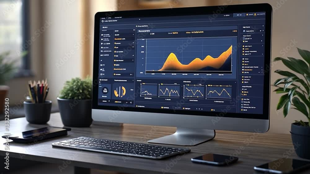 Poster data analysis dashboard displaying graphs and metrics in a modern office setting during daytime