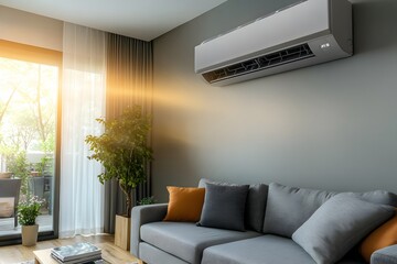 Modern Living Room with Wall-Mounted Air Conditioner and Natural Light