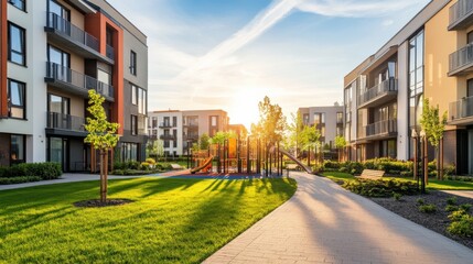 Fototapeta premium Modern residential complex with green lawns, play area, and sunlight illuminating contemporary buildings, creating a vibrant community atmosphere in the evening.