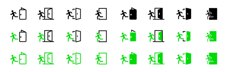Emergency exit icons set: flat style vector illustrations of running figure and door.