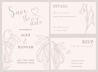 Elegant Wedding Invitation, Save the Date template. Minimalist botanical Wedding invitation card with snowdrop flowers line art drawings. Vector illustration in trendy pastel peach beige colors.