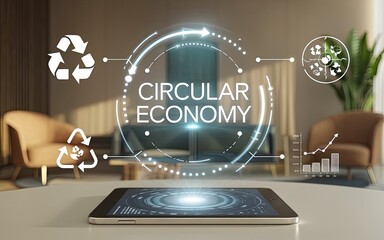 Circular Economy: Conceptual image of a circular economy with a tablet in the foreground displays a digital interface, a modern office interior in the background.