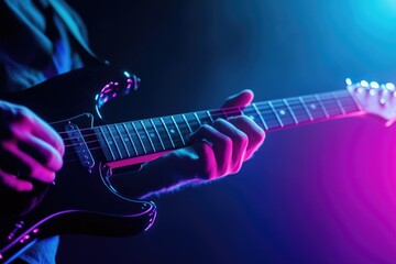 Obraz premium close-up image captures musician hands strumming electric guitar under vibrant stage lights