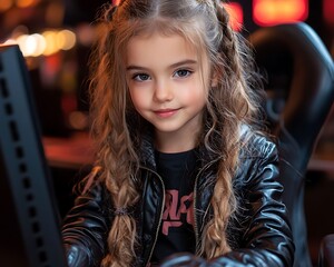 Fototapeta premium Girl gaming PC cafe night portrait