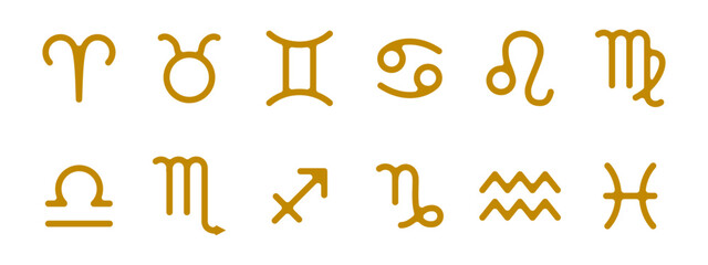 Zodiac Signs. Horoscope Astrology Symbols: Aries, Taurus, Gemini, Cancer, Leo, Virgo, Libra, Scorpio, Sagittarius, Capricorn, Aquarius, and Pisces. Vector illustration