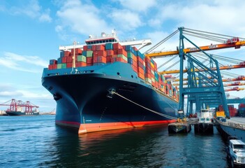 Fototapeta premium Massive container ship docked at Hamburg harbor, cranes loading cargo, aerial, day
