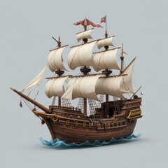 A magnificent pirate ship ready for adventure on the high seas, this intricately detailed vessel with towering masts and flowing white sails reflects the essence of a bygone era of exploration and con