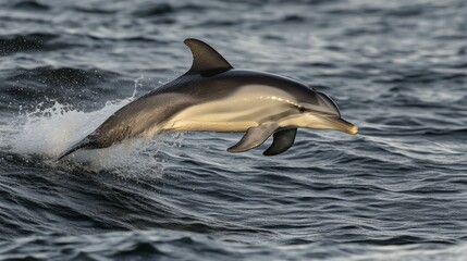 A dolphin leaps gracefully above the ocean waves. This stunning scene captures the beauty of marine life in action. Observe the playful spirit of dolphins in nature. Generative AI