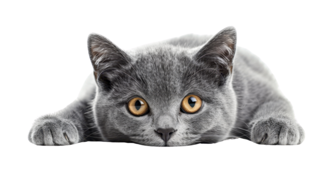 Adorable grey kitten lying down on transparent background