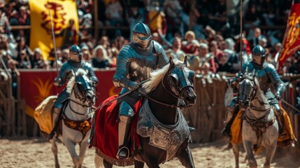 A thrilling scene from a medieval jousting tournament featuring knights on horseback. The excitement builds as the crowd watches intently. Colorful banners add to the atmosphere. Generative AI