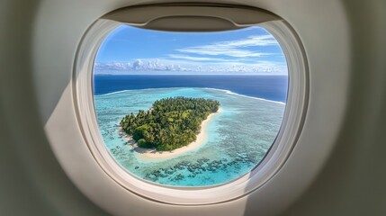 Fototapeta premium Airplane window view of tropical island sky travel boarding experience onboard adventure