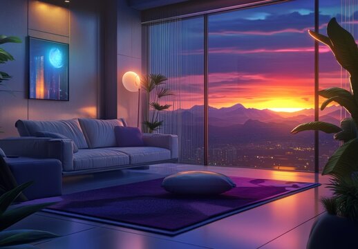 animated virtual backgrounds, stream overlay loop, interior, cozy futuristic living room at sunset, vtuber asset twitch zoom OBS screen, chill anime lo-fi hip hop