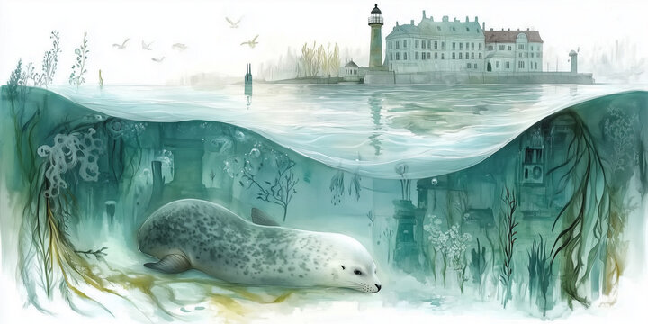 Foka wynurzająca się z wody. Scena jest pełna ruchu &ndash; w tle widać latarnię morską i przelatujące ptaki, co podkreśla dziką, naturalną atmosferę Bałtyku