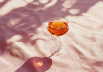 aperol spritz cocktail, on a pale pink linen tablecloth, shadows, sunlight, summer drink in glass