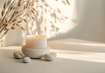 Aroma candle on beige background. Warm aesthetic composition with stones. Cozy home comfort, relaxation and wellness concept. Interior decoration mockup