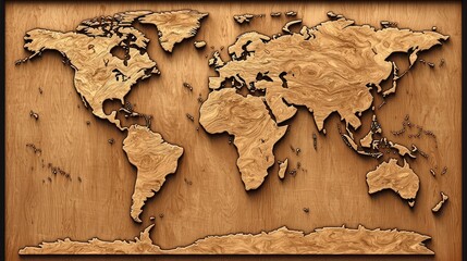 Wood world map. Cartography on wooden background for travel, geography, or design