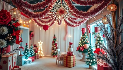Fototapeta premium Festive Christmas Decor with Ornate Trees, Gifts, and Warm Holiday Ambiance in Cozy Indoor Setting