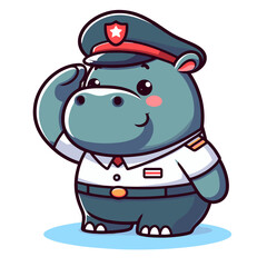 Naklejka premium Captain hippo in official marine uniform with cap. Vector illustration for naval careers, maritime leadership or cruise ship service concepts.