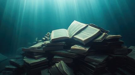A vast pile of antique books, waterlogged and decayed, resting on the ocean floor under diffused sunlight