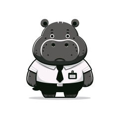 Naklejka premium Security guard hippo in formal uniform with tie. Vector illustration for protection services, workplace safety or professional security personnel concepts.