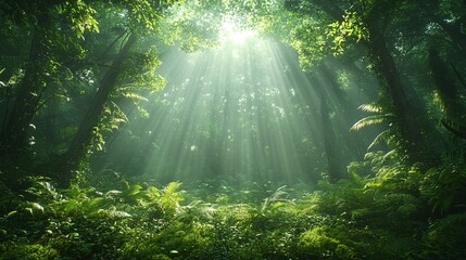 Obraz premium Sunbeams Dance Through A Lush, Emerald Forest, Illuminating A Tranquil And Mystical World Bathed In Soft, Ethereal Light
