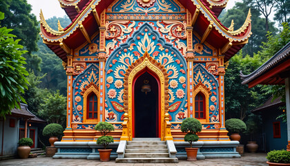 Fototapeta premium Ornate temple facade with vibrant colors, intricate carvings, and a tranquil garden setting evokes a sense of peace and cultural heritage.