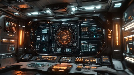 Interior of a spaceship control room with advanced technology displays