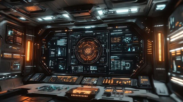 Interior of a spaceship control room with advanced technology displays - Powered by Adobe