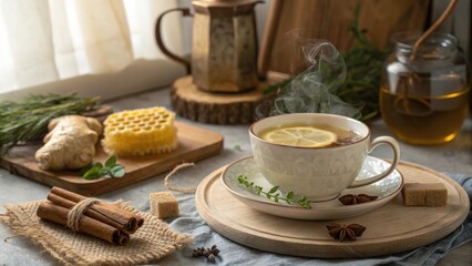 Cup of Lemon and Ginger Tea with Honeycomb, Cinnamon, and Rustic Decor in a Cozy Kitchen Setting, Representing Warmth and Wellness