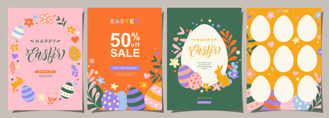 Happy Easter Set of Sale promotions, social media, greeting cards, posters, holiday covers. Trendy design with typography, hand drawn flowers, eggs and bunny, in vibrant colors. Vector background. © Udomdech