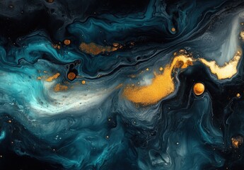 art photography of abstract fluid art painting with alcohol ink, blue, turquoise and gold colors
