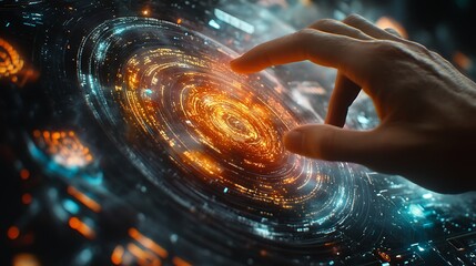 A human finger interacting with a glowing digital interface display