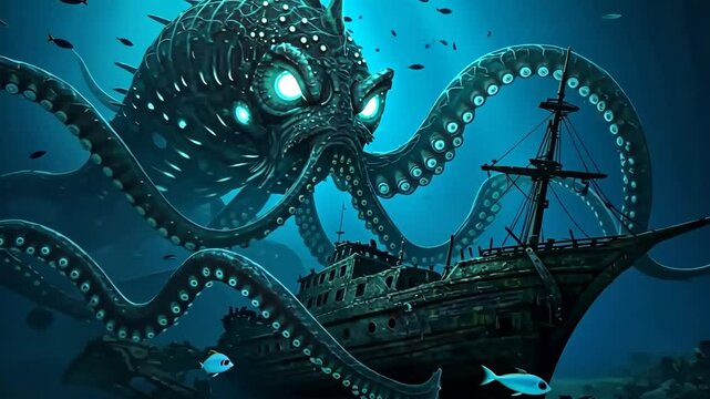 Giant mechanical octopus attacking a pirate ship in stormy sea.