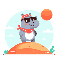 Naklejka premium Beach hippo in sunglasses and bandana on sand dune. Vector illustration concept for summer vacation destination or travel agency promotional character.