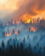 Eco Disaster Warning Wildfire engulfing forest, climate change and environmental destruction, wildfire engulfing landscape disaster