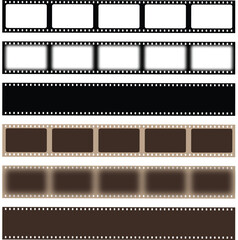 Roll of retro film strip icon set. Video tape photo film strip frame vector isolated on transparent background. Vintage movie slide reel concept. Motion picture tape pictogram. Vector illustration.