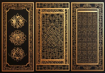 Asian golden chinese, korean and japanese frames and borders. Frames with asian ornaments. Vintage gold decor