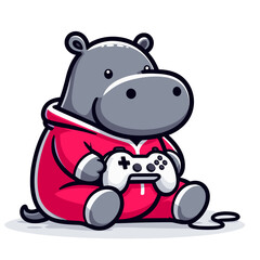 Naklejka premium Gamer hippo in red hoodie with controller. Vector illustration concept for gaming community mascot or esports team character design.