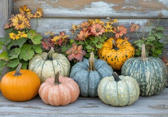 Autumn corner border banner of pumpkins, gourds and fall decor on a rustic wood background with copy space