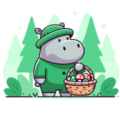 Hippo forager in green outfit with basket collecting eggs. Vector illustration ideal for nature activities, woodland exploration, outdoor hobbies and Easter celebration concepts.