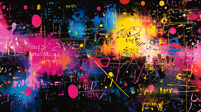 art representation of physics formulas, vibrant neon contrasts with bold lettering 