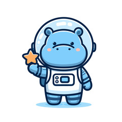 Obraz premium Astronaut hippo in spacesuit holding star. Vector illustration ideal for space exploration, science education, astronomy themes, and children's adventures.